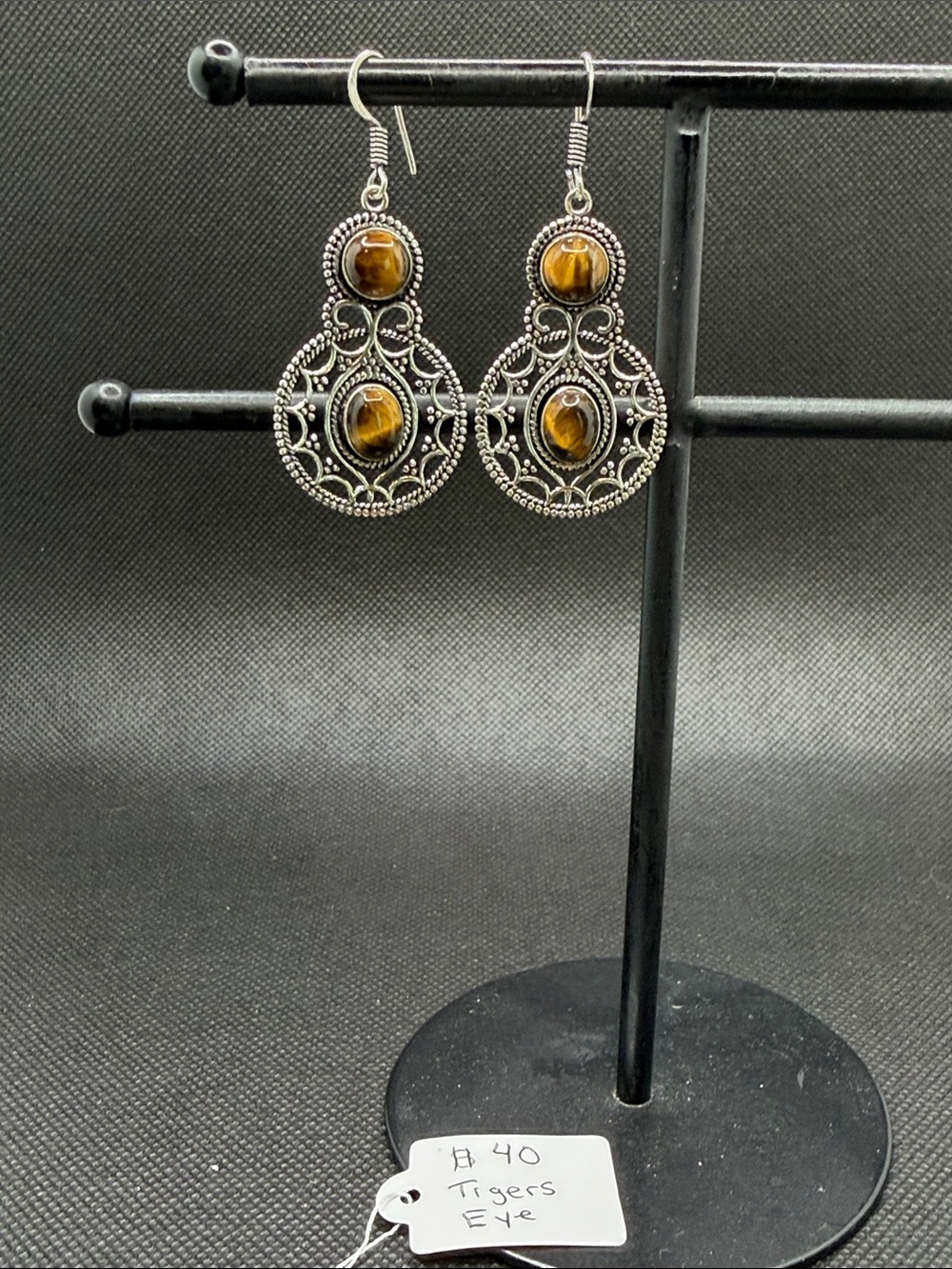 Tiger's Eye Filigree Drop Earrings - Sterling Silver 1.6”